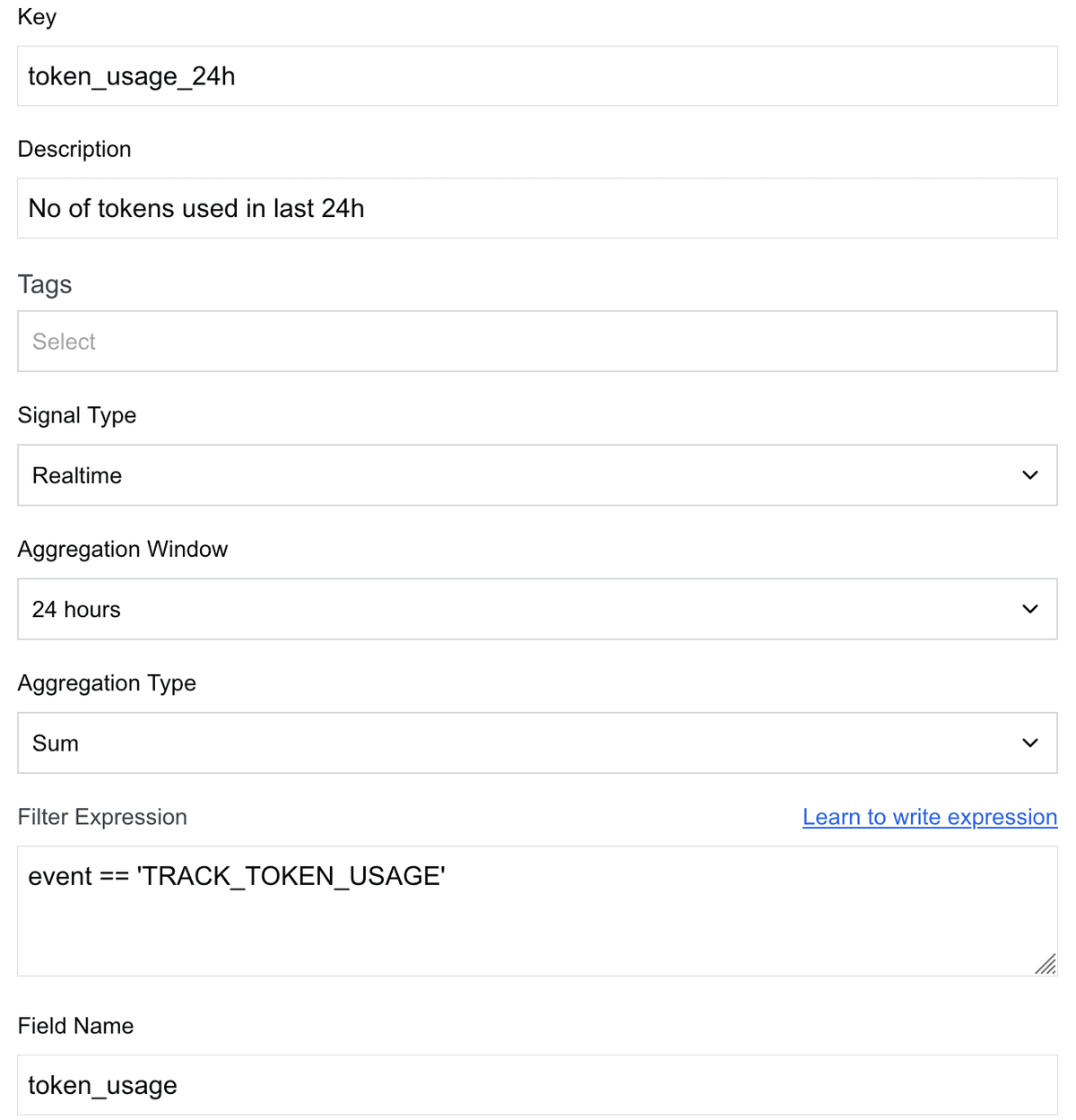 Real-time token usage signal showing 24-hour consumption aggregation