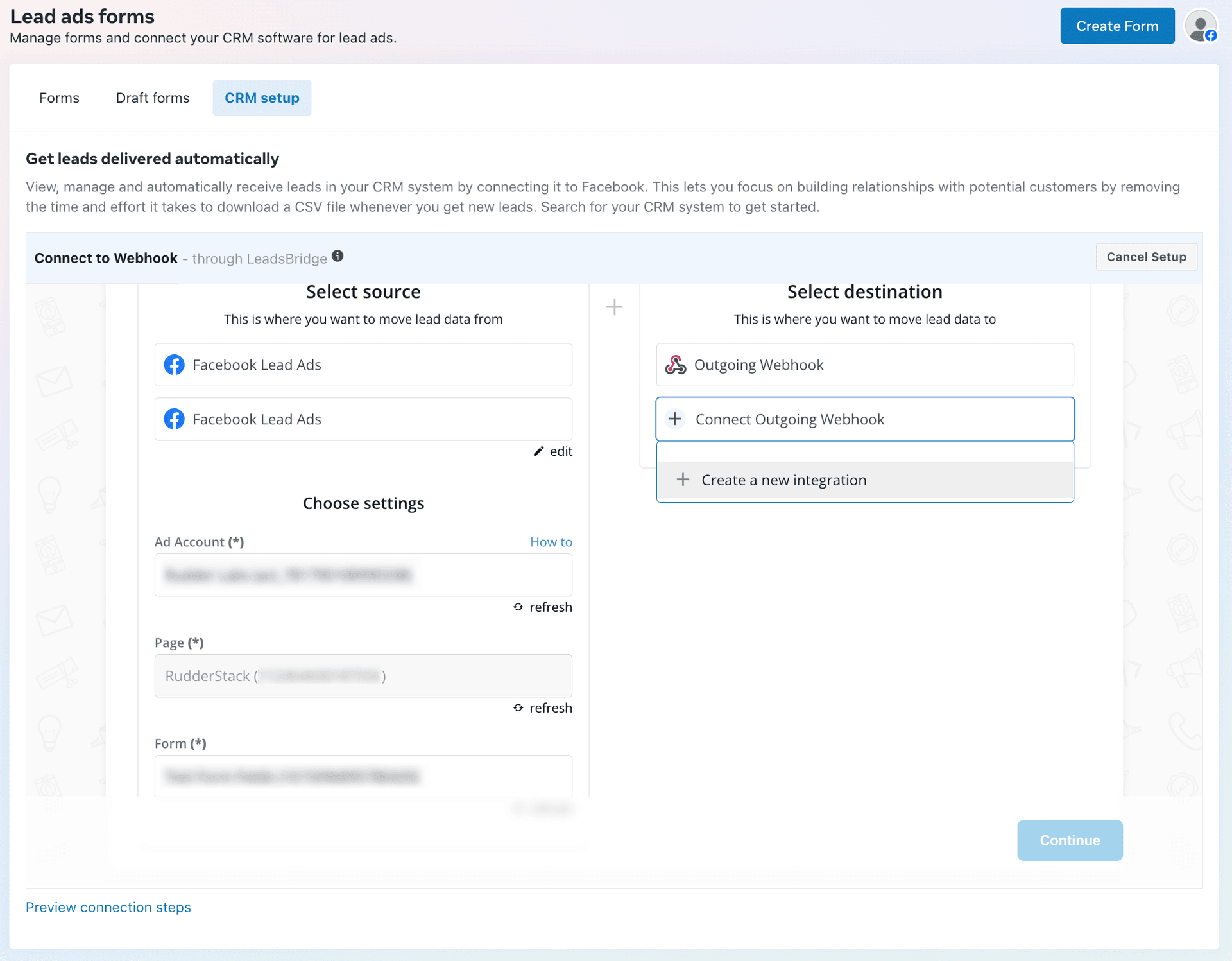 Facebook Lead Ads CRM setup destination settings